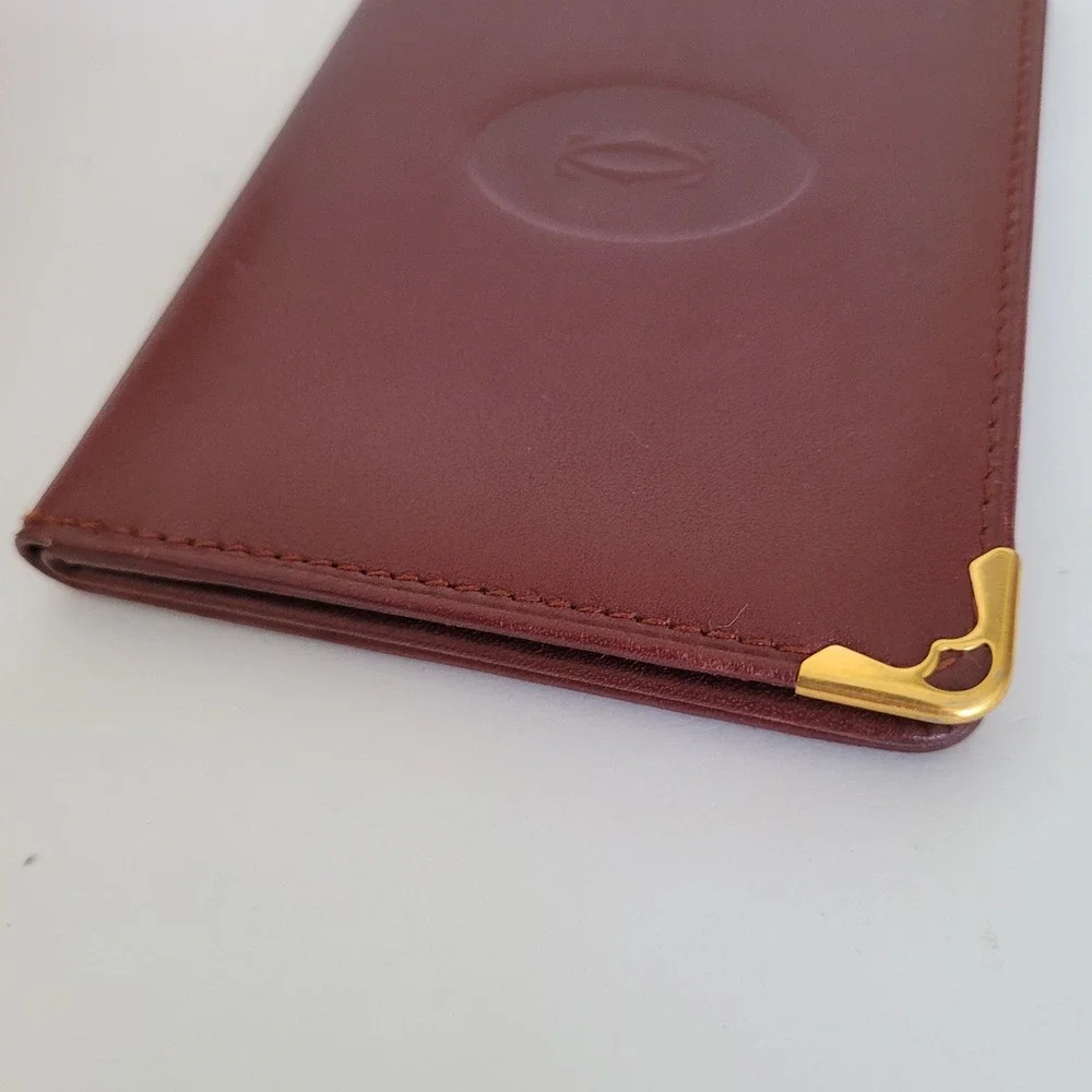 Cartier Paris Must de Cartier Burgundy Leather Card Holder Wallet Gold Corners